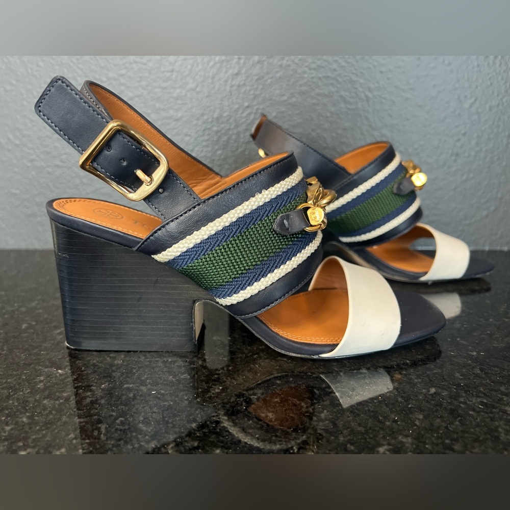 Tory Burch Blue and Green Sandals with Chunky Wedge Heel - Picture 3 of 15